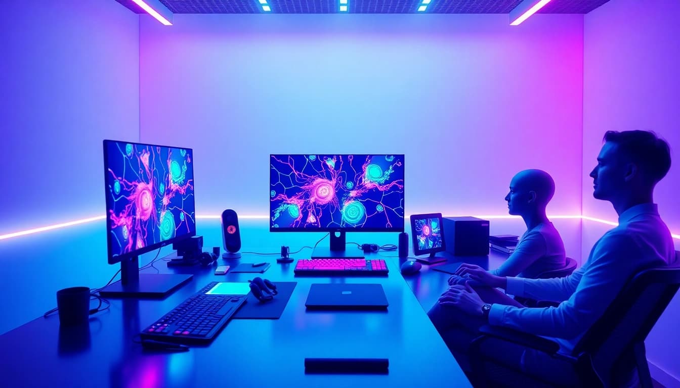 Futuristic digital workspace showcasing innovative AI NSFW interaction with interactive holographic displays.