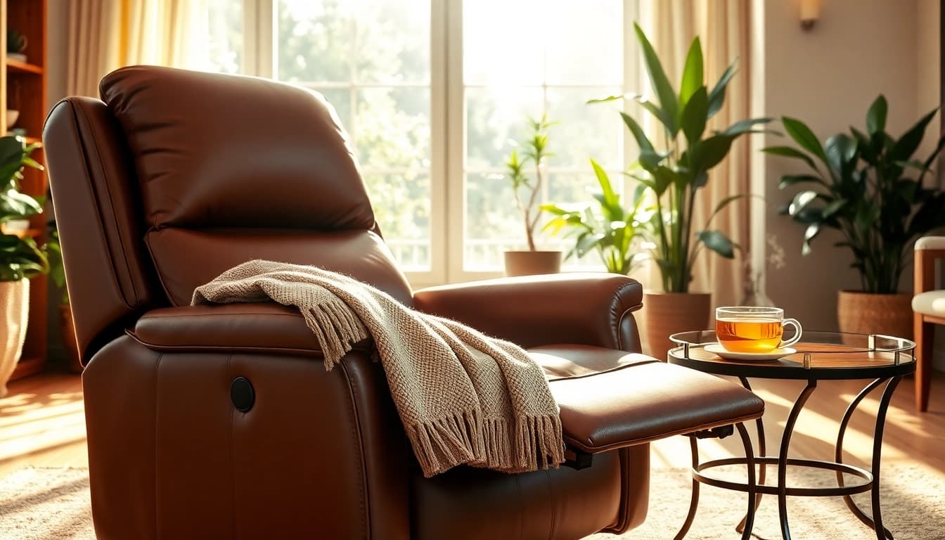Experience comfort with the leather lift recliner with heat and massage in a stylish living room setting.