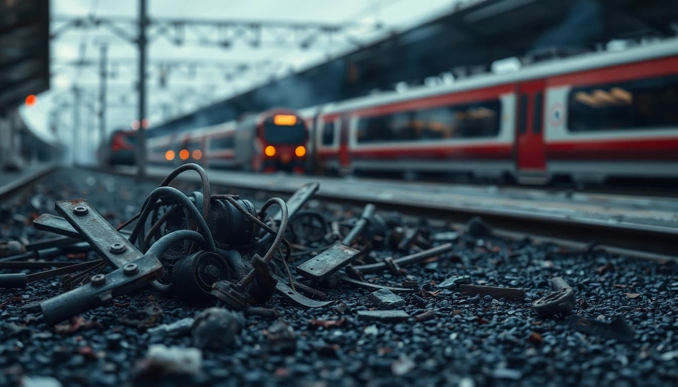 Spain train crash scene depicting fiery wreckage and first responders at the incident site.