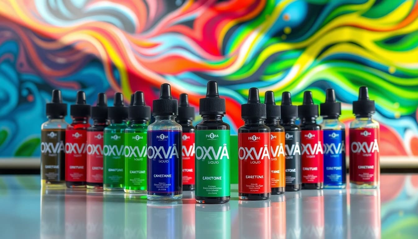 Oxva Liquid Flaschen stilvoll auf einem modernen Tisch angeordnet, betont durch lebendige Farben.
