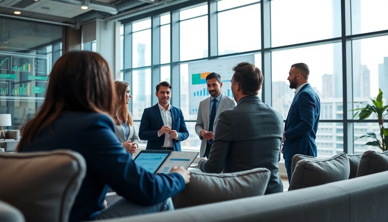 Crisis management consultant leading a team strategy session in a modern office environment.