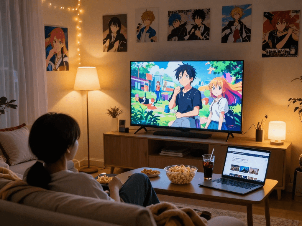 Menonton anime di AnimePlay dengan suasana nyaman di rumah, TV besar menampilkan animasi cerah.