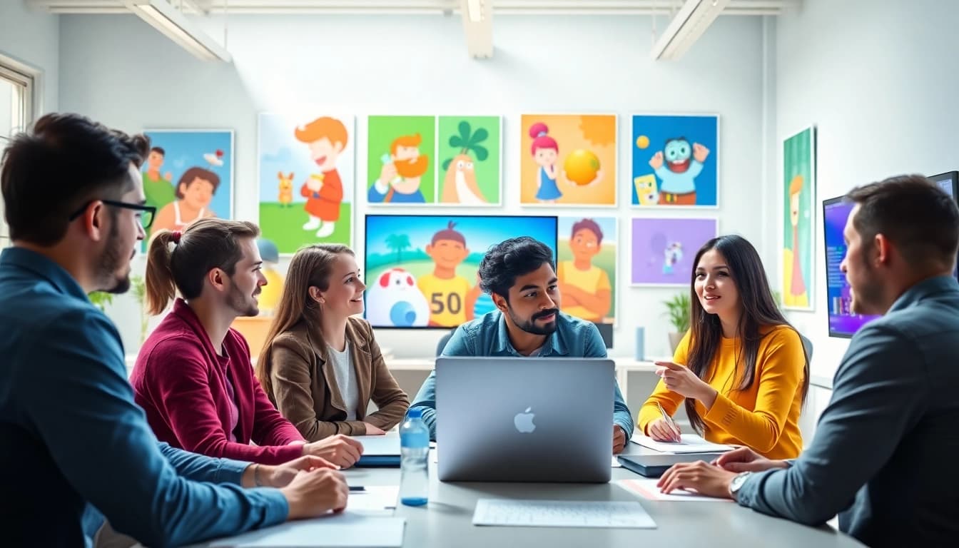 Animation Erstellen in einem modernen Studio mit kreativen Fachleuten, die zusammenarbeiten.