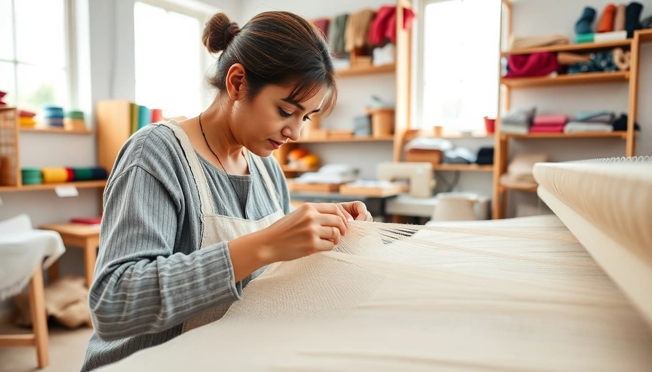 Creëer met ongebleekt katoen in een handgemaakte studio vol kleurrijke materialen.
