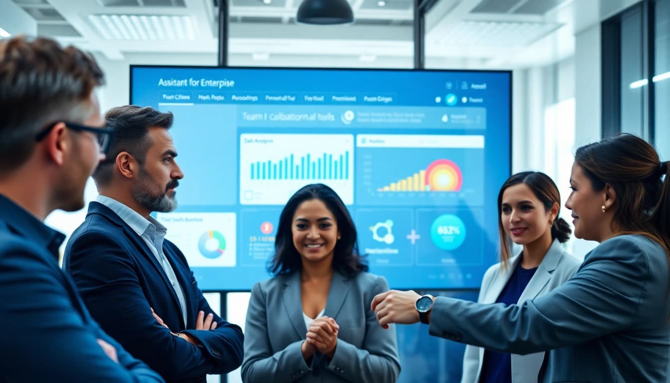 Engaging interface featuring assistant for enterprise software tools with professionals collaborating