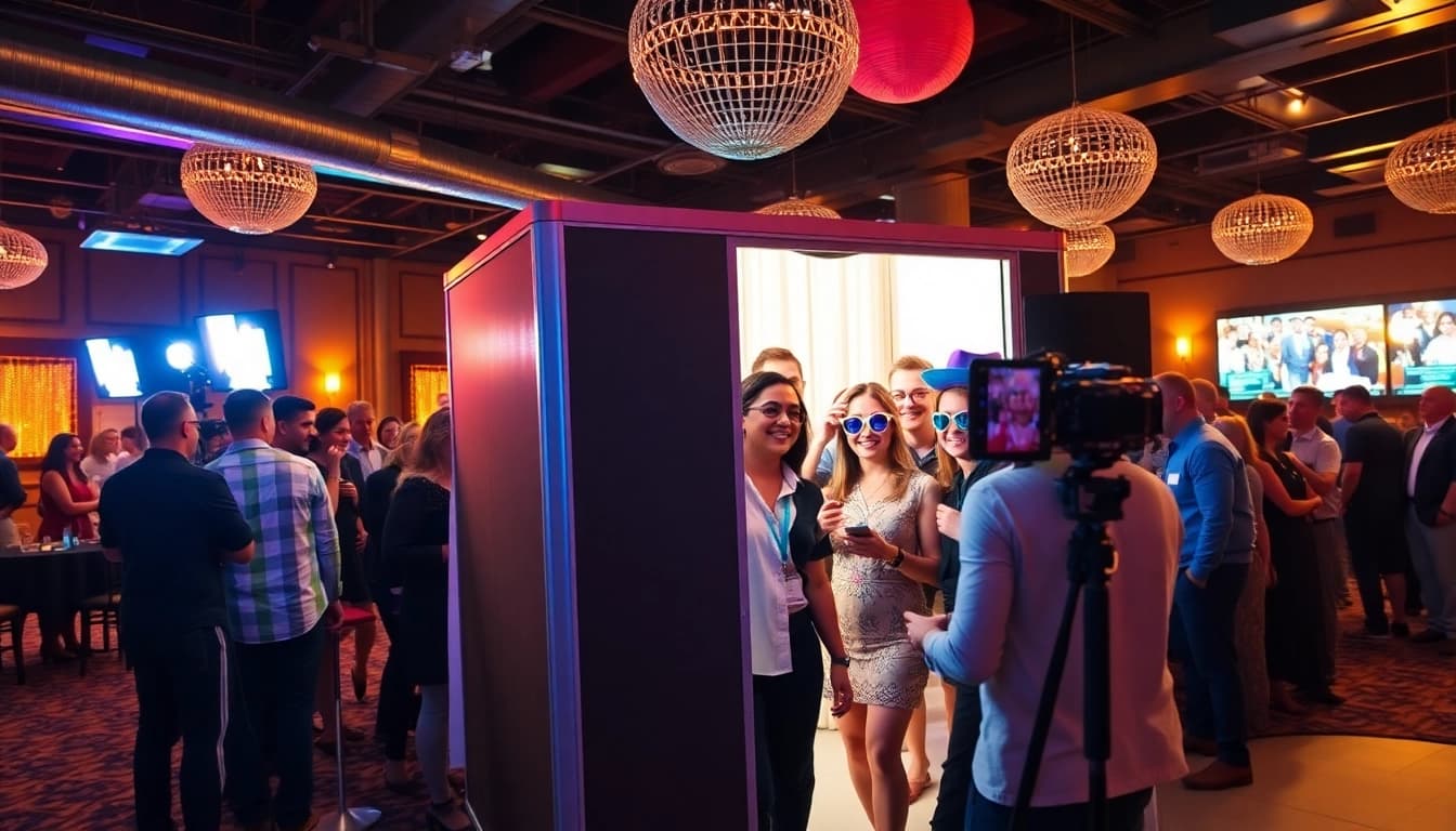 Guests enjoying a photo booth chicago experience with vibrant props and colorful backdrop.