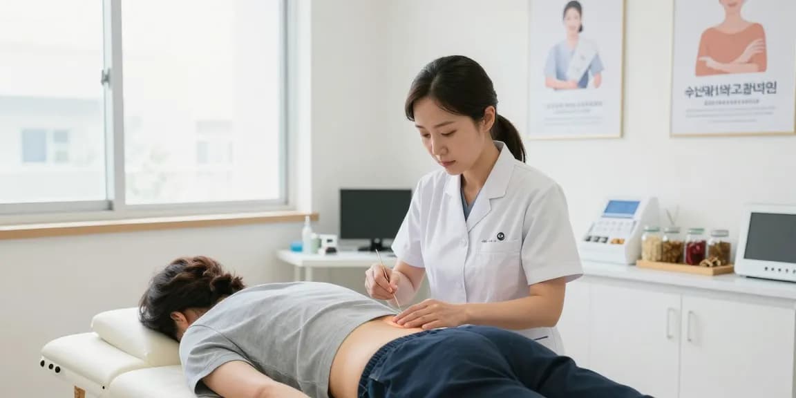 Expert treatment session at 수원교통사고한의원 showing a caring acupuncturist helping a patient recover from injury.