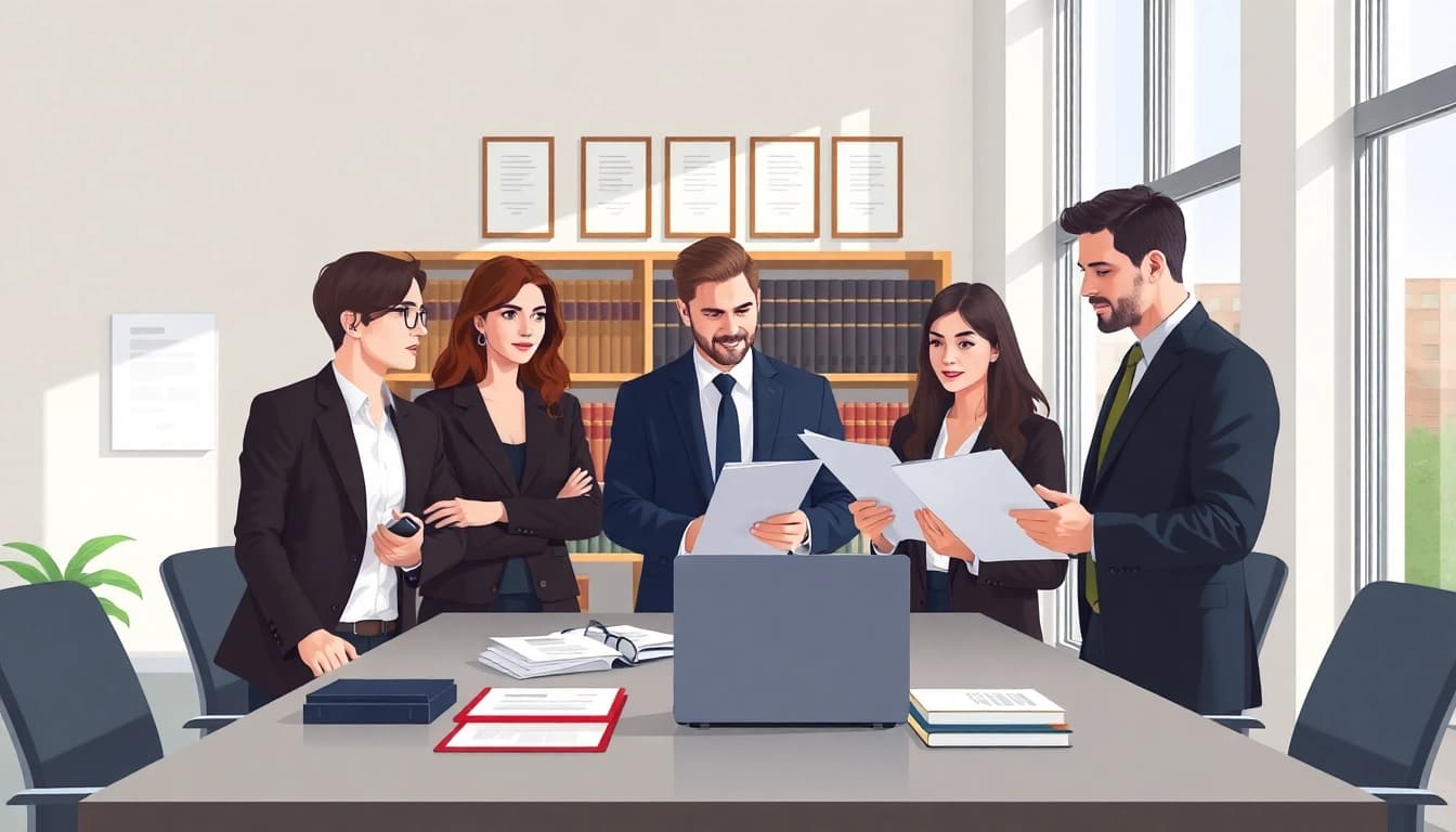 Experten analysieren Untreue Strafrecht in einem modernen Büro mit juristischen Materialien.
