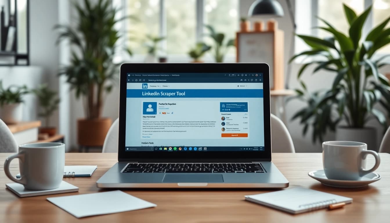Utilize a linkedin scraping tool on a laptop in a vibrant office setting with unique features.