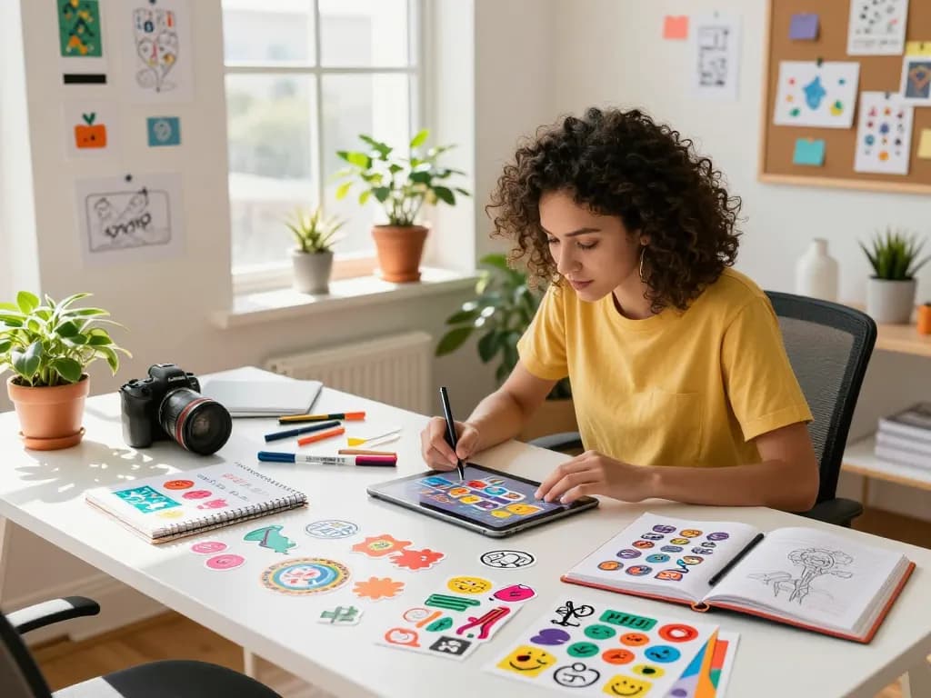 Creative workspace with a graphic designer making custom stickers, colorful designs, and natural light.