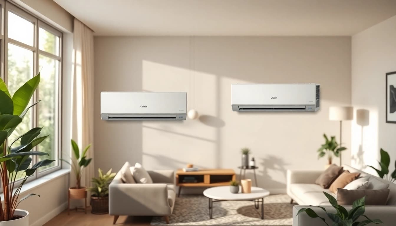 Showcase a Daikin mini split AC unit in a chic living room ambiance for energy-efficient cooling.