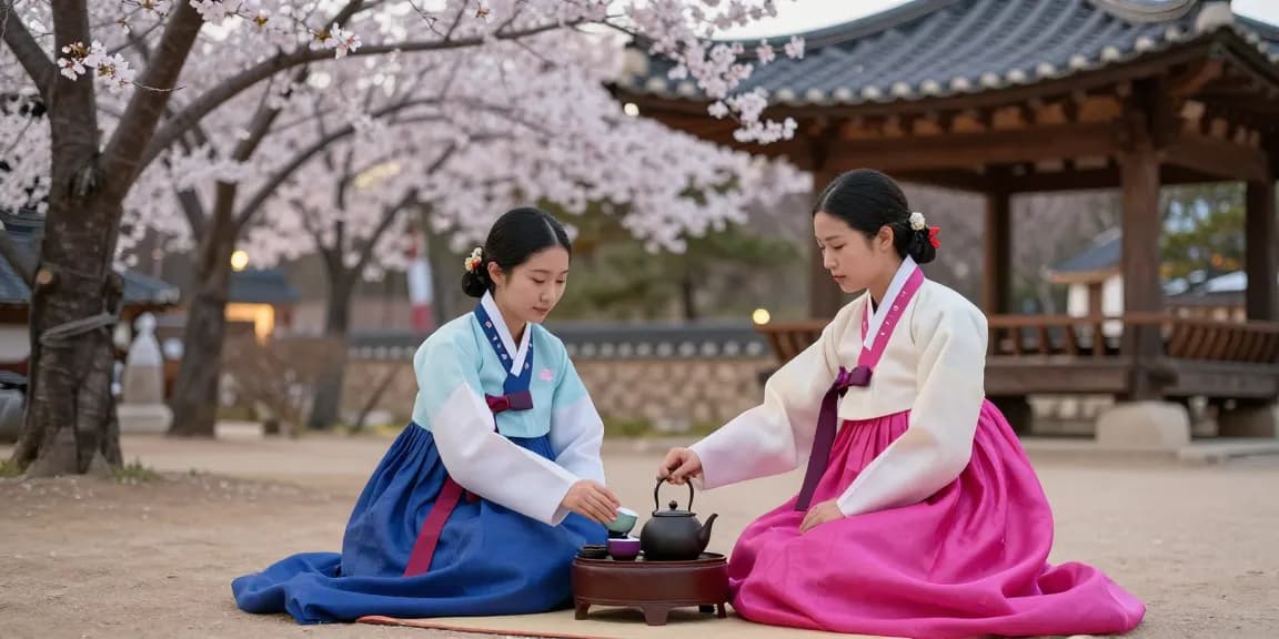 달토와 함께 전통차를 즐기는 한복 차림의 모습