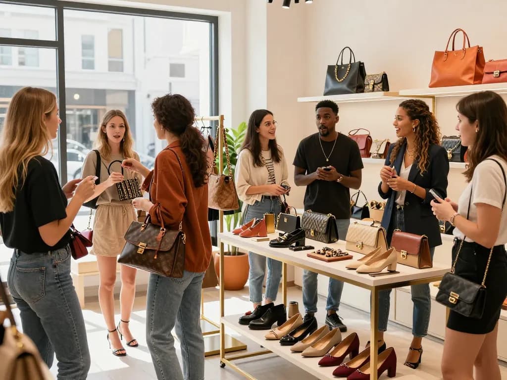 Stylish individuals enjoying a vibrant shopping experience at a 레플리카 쇼핑몰, showcasing high-quality replica bags and accessories.