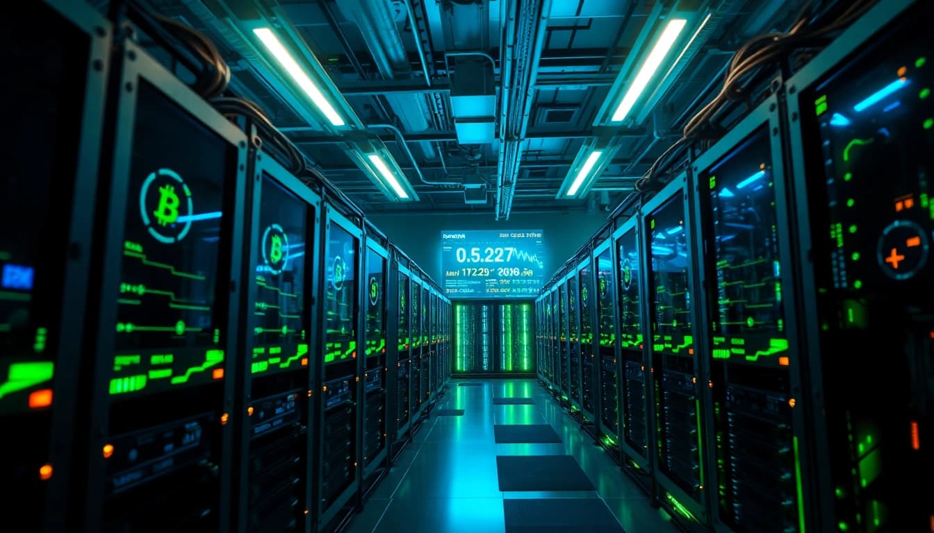 Dynamic bitcoin mining facility showcasing advanced ASIC miners and GPU rigs