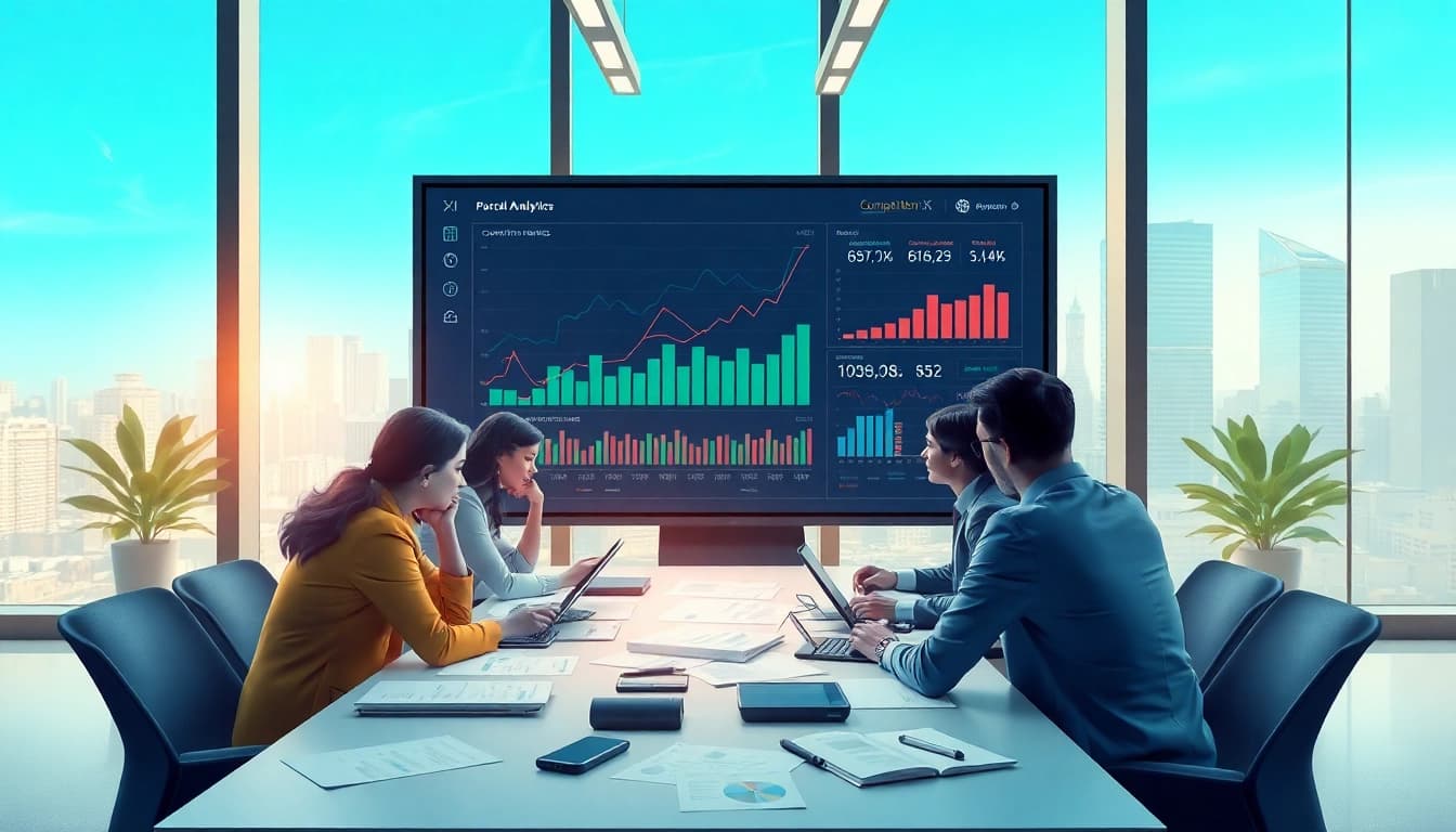 Visual representation of AI for competitive intelligence in a collaborative office setting.