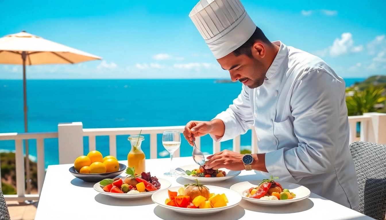St Martin Private Chef preparing a gourmet dish on a sunny terrace by the ocean.