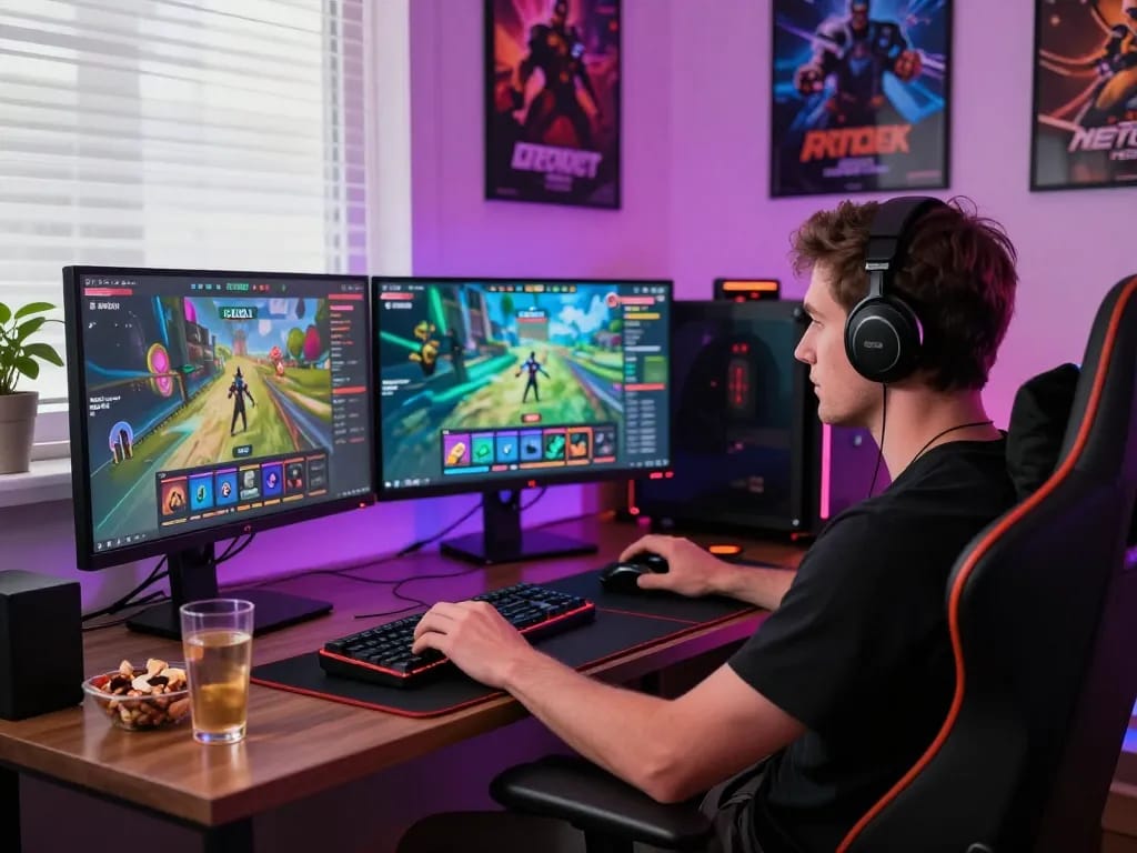 Engaging player enjoying HTML-based porn games at a modern gaming setup with vibrant LED lights.