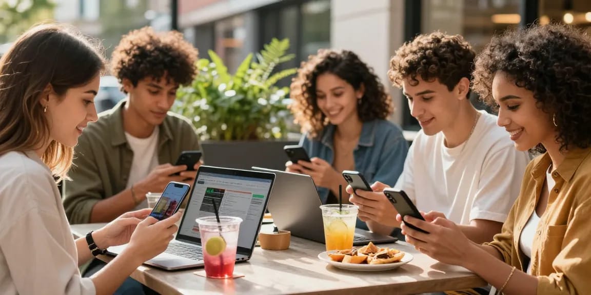 Youthful group collaborating at trendy café, showcasing influencer marketing agency kl strategies.