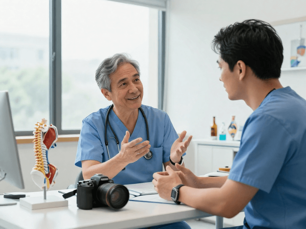 Bel fıtığı ameliyatı discussion in a modern medical office with an experienced surgeon and patient.