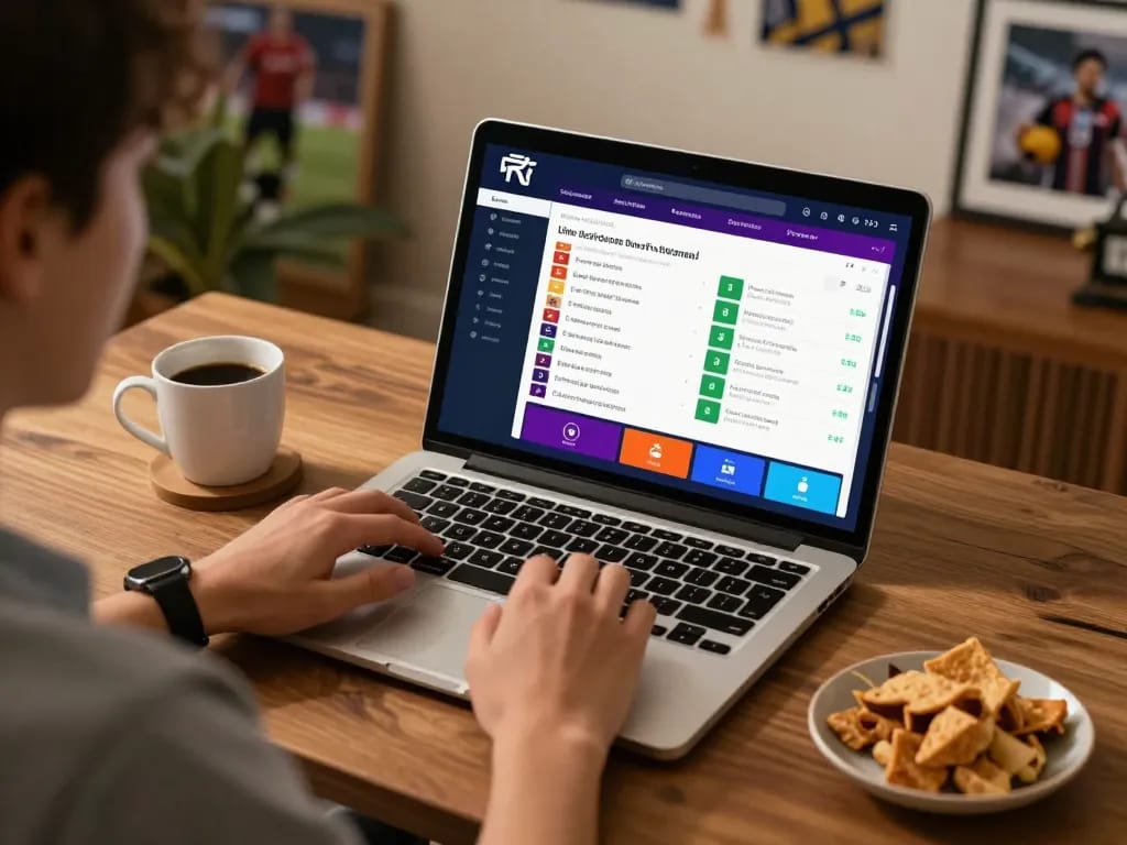 Kết quả bóng đá hôm nay displayed on a laptop during live sports betting session, showcasing user engagement and responsible gambling.