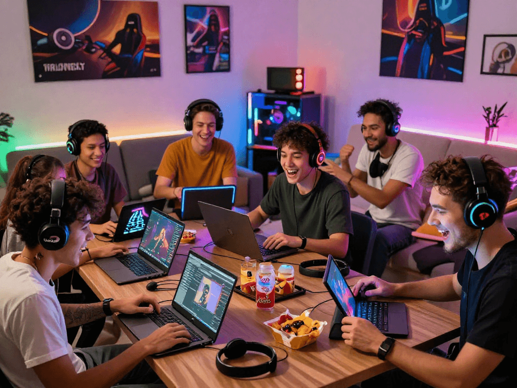 Group enjoying a multiplayer adult game experience online, surrounded by gaming devices and a lively atmosphere.