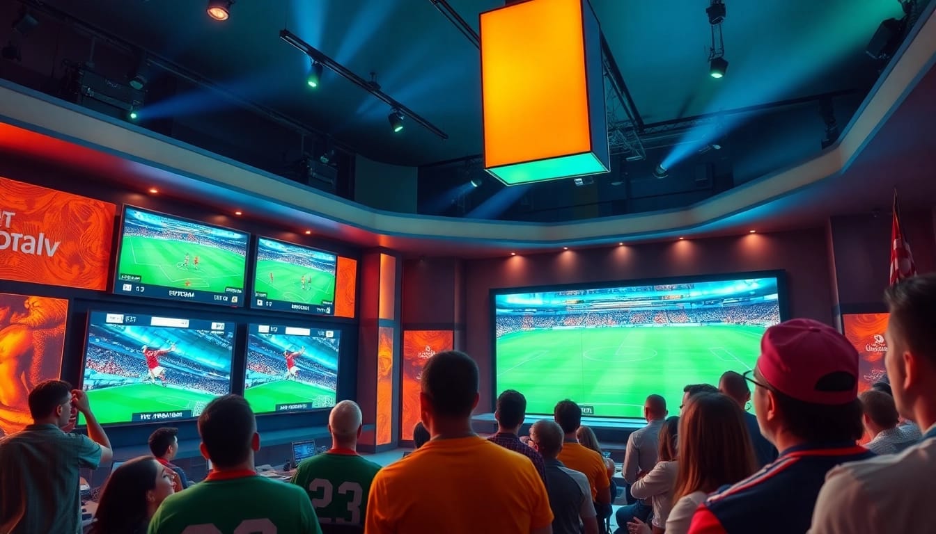 أجواء حماسية في استوديو بث رياضي متعلق بـ koora tv، يعرض المباريات الحية والمشجّعين.