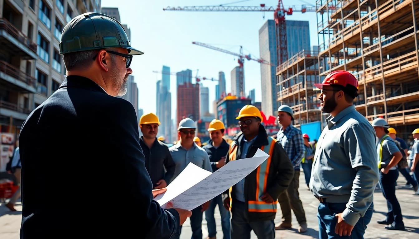 New York Construction Manager coordinating a construction project with his team on-site.