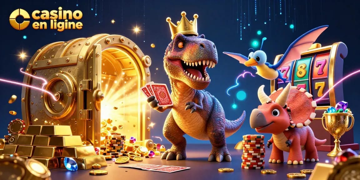 Illustration dynamique de casino en ligne avec un T-Rex et des jetons d'or, ambiance ludique.