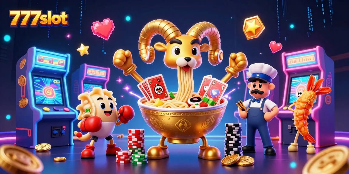 Putar mesin slot 777slot dengan karakter unik seperti ramen dan sushi dalam suasana kasino yang ceria.