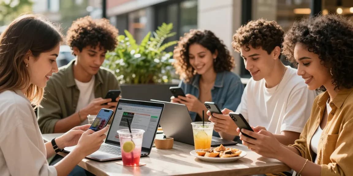 Youthful group collaborating at trendy café, showcasing influencer marketing agency kl strategies.