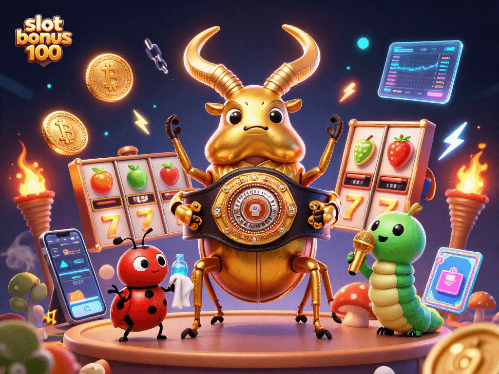 Engage with slot bonus 100 in this lively 3D scene featuring a golden stag beetle and casino elements.