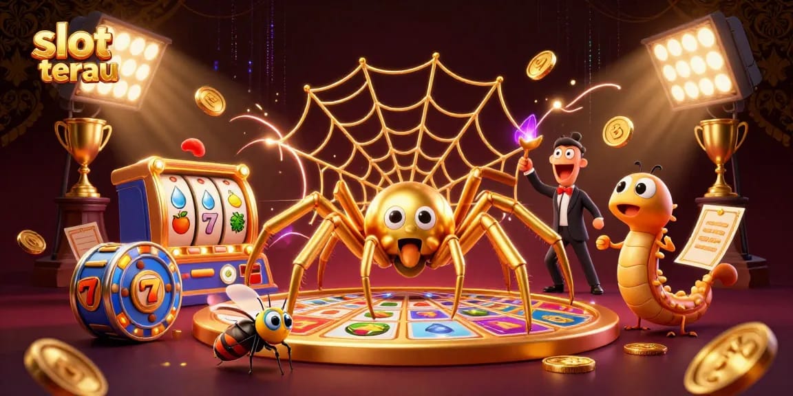 Experience the excitement of slot terbaru with this dynamic illustration featuring a golden spider and animated slot elements.