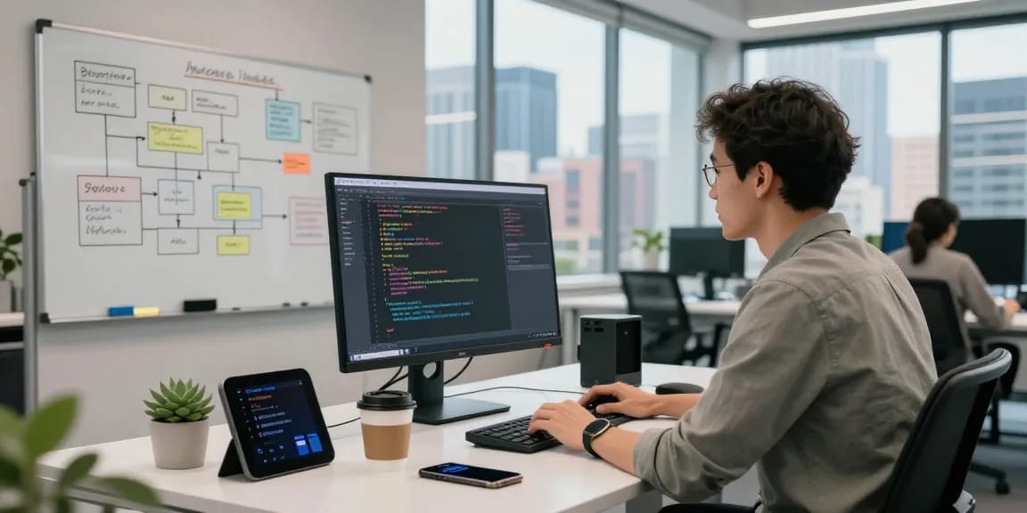 Dynamic AI workspace with a developer coding at a tech office, showcasing innovation with crushon tools and collaboration elements.