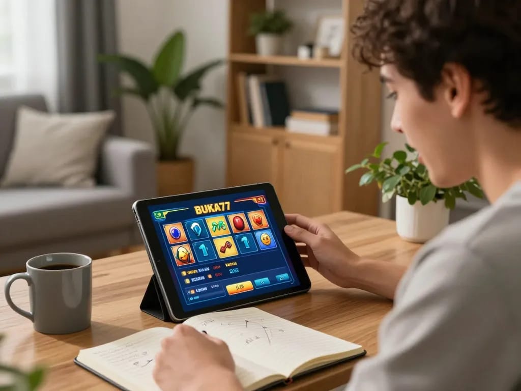 Experience the excitement of BUKA77 SLOT gaming on a tablet in a cozy home setting.