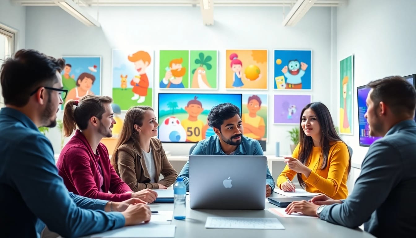 Animation Erstellen in einem modernen Studio mit kreativen Fachleuten, die zusammenarbeiten.