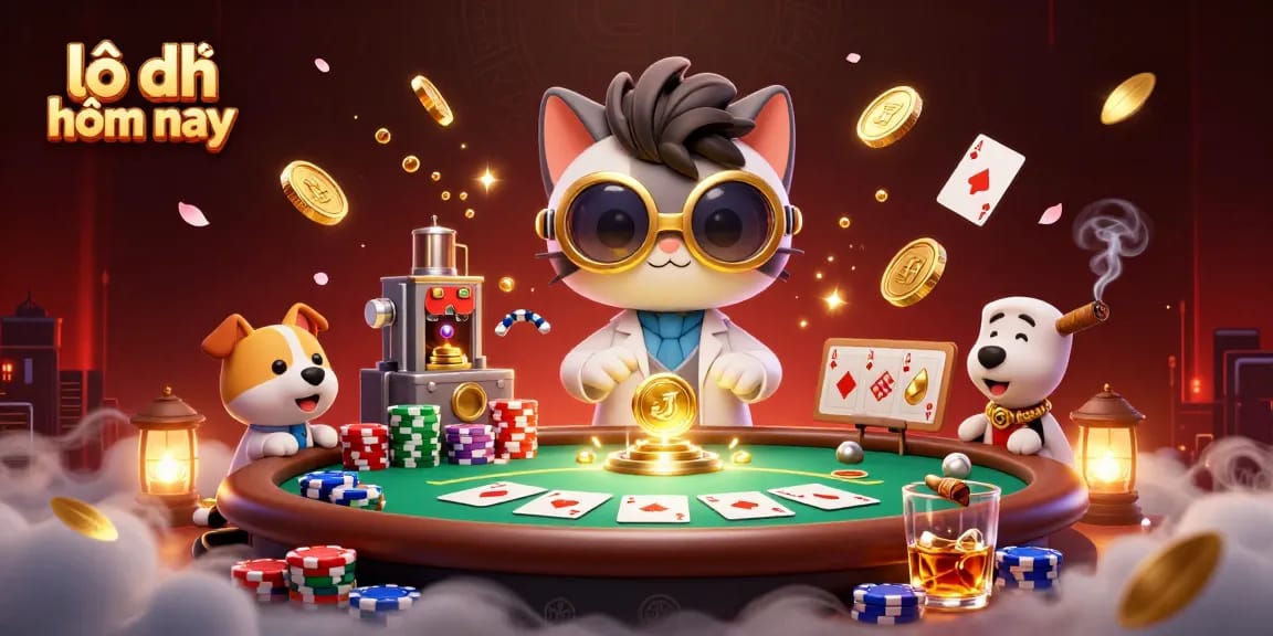 Win big with lô đề hôm nay in a dynamic 3D casino scene filled with colorful poker elements.