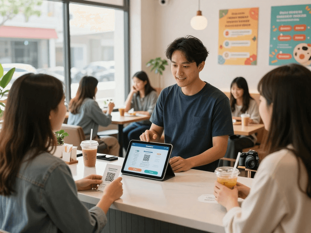 Customers utilizing loyalty software in a vibrant café setting for rewards and discounts seamlessly.