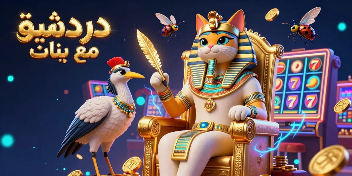 Dive into دردشة فيديو مع بنات with our vibrant illustration showcasing a lively casino scene featuring Egyptian pharaoh cat, slot machines, and neon elements.