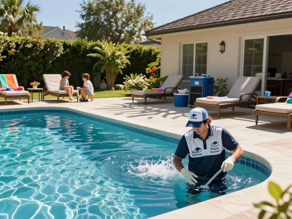 Dolphin Pool Services technician performing maintenance on a sparkling clear pool at a family home, highlighting customer service.