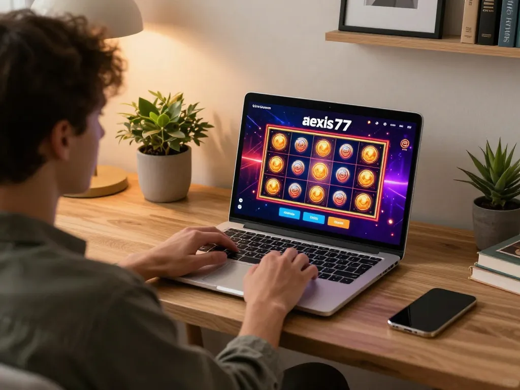 Player enjoying online gaming on the alexis77 platform in a cozy home setup, engaging atmosphere.