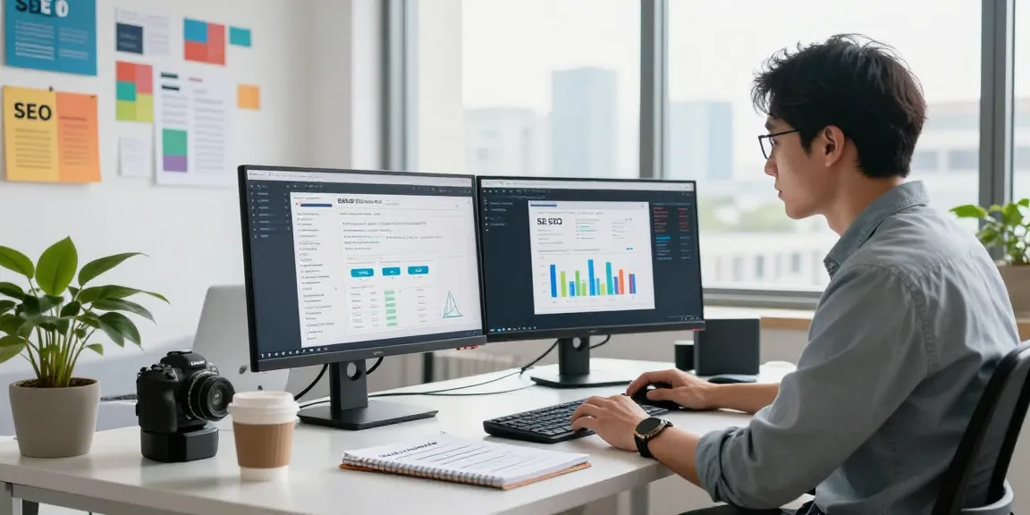 SEO Backlinks Packages analysis in a professional office with digital marketing tools and analytics.