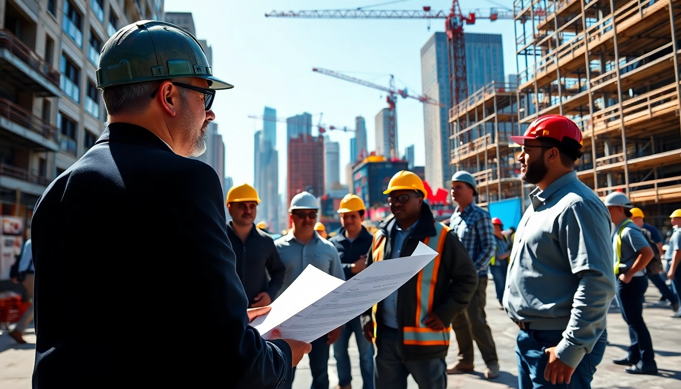 New York Construction Manager coordinating a construction project with his team on-site.