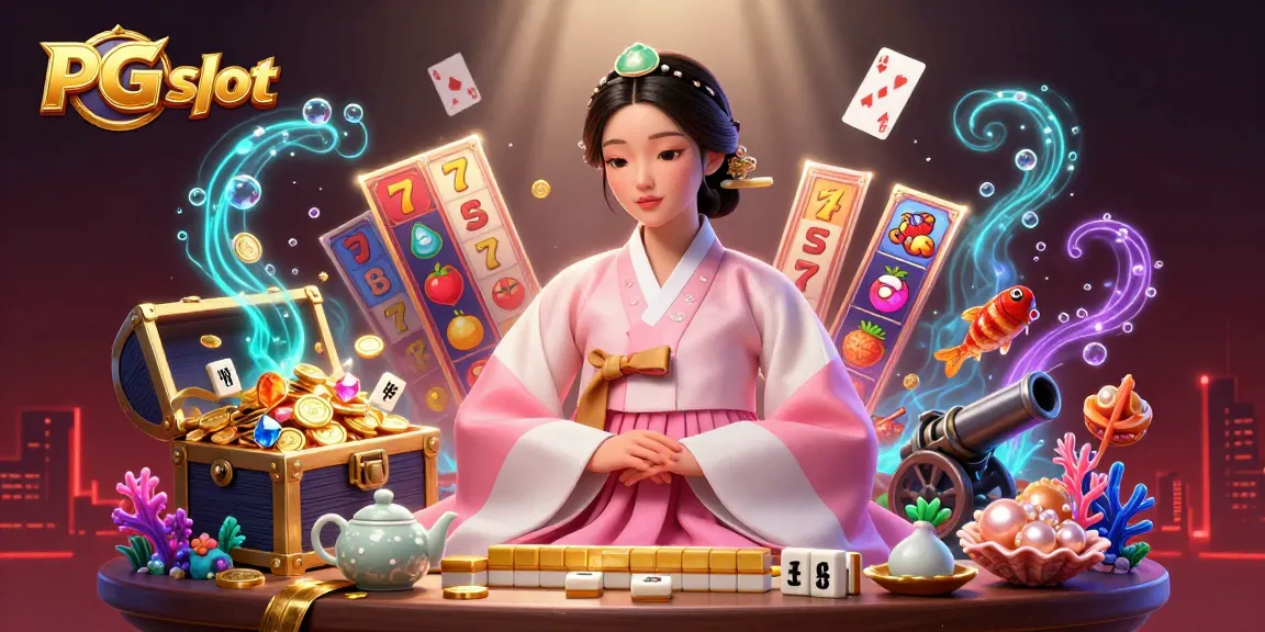Engage with the PG slot featuring vibrant slot reels and an elegant Asian woman amid casino riches.