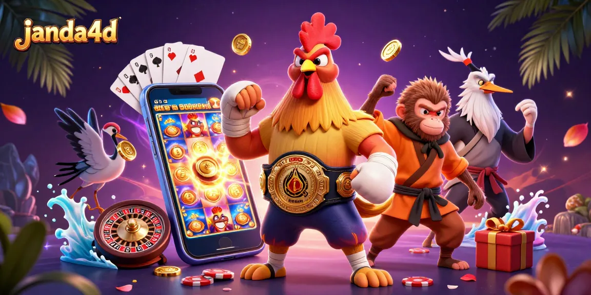 Janda4d menampilkan ayam laga Muay Thai, monyet Shaolin, dan burung bangau dalam ilustrasi kasino.