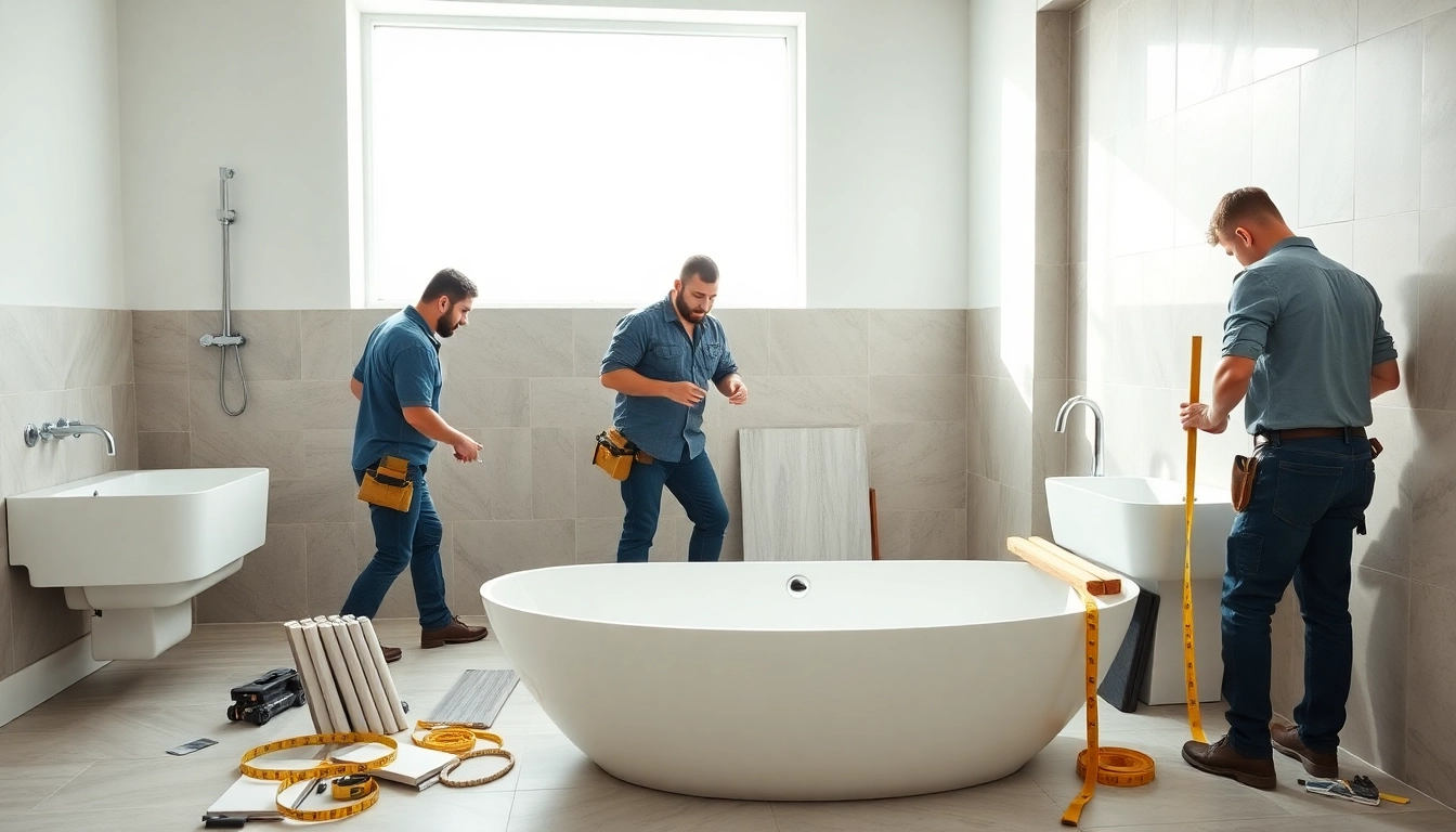 Skilled bathroom installers transforming a modern space with precision and style.