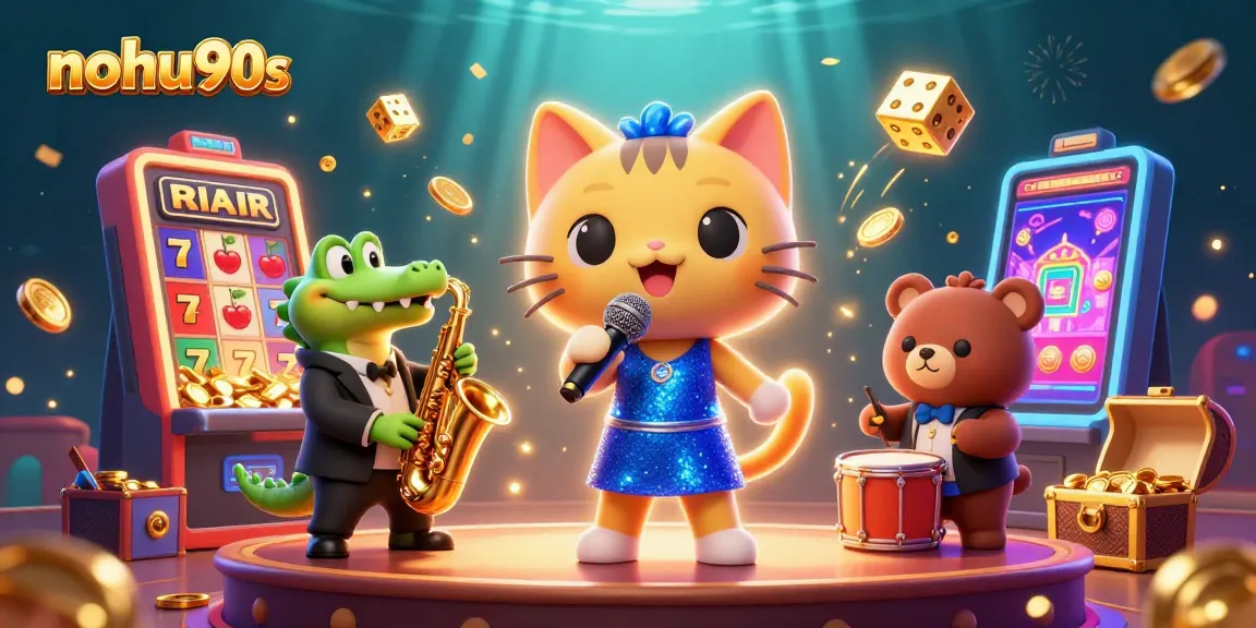 Nohu90s brings excitement with a lively casino scene illustrated by a singing cat, sax-playing crocodile, and drumming bear.