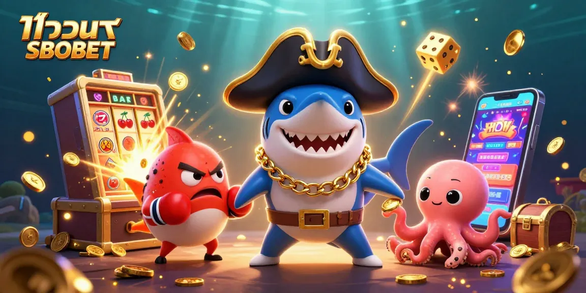 Engaging 3D cartoon scene promoting แทงบอล SBOBET with lively characters and dynamic casino elements.