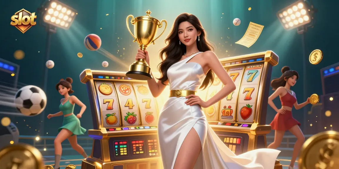 Engage with exciting slot action featuring vibrant reels and winning symbols in a lively casino scene.