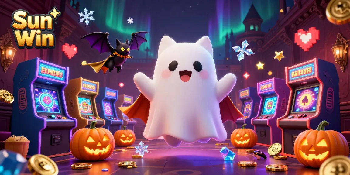 Experience Sun Win excitement with a whimsical ghost cat and bat in a haunted casino.
