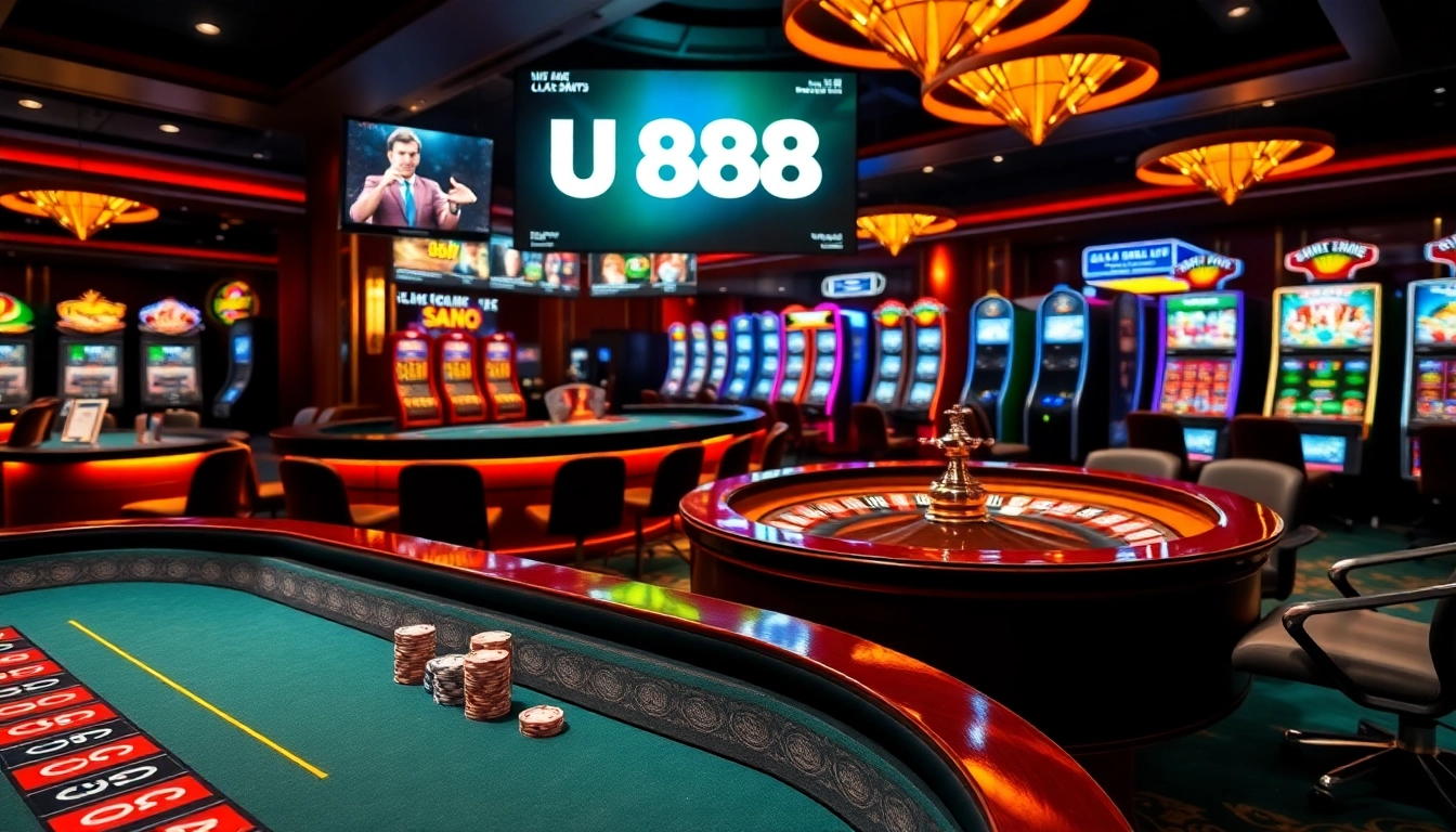 Experience excitement at U 888 with a luxurious casino setup featuring roulette and betting props.